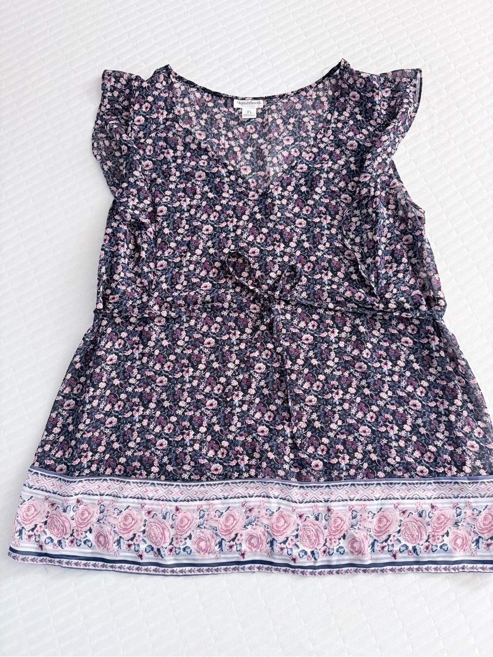 Motherhood Navy Floral Tie-Waist Sleeveless Tunic with Pink Border